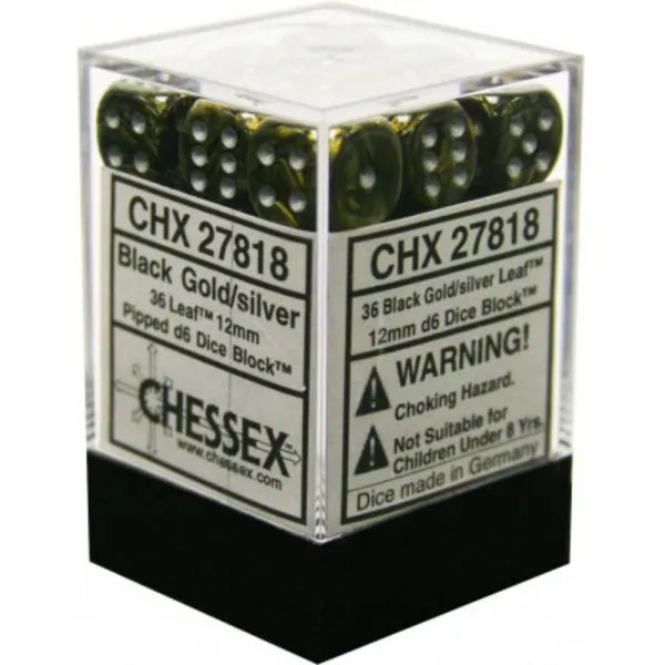 CHESSEX - Dados Leaf Black Gold/silver 12mm c/36