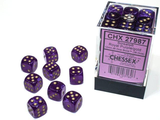 CHESSEX - Dados Borealis Royal Purple/Gold Luminary 12 mm c/36 - Gamesmart - Chessex
