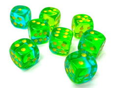 CHESSEX - Dados Gemini Translucent Green - Teal/yellow 12mm c/36 - Gamesmart - Chessex