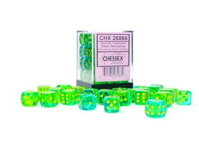 CHESSEX - Dados Gemini Translucent Green - Teal/yellow 12mm c/36 - Gamesmart - Chessex