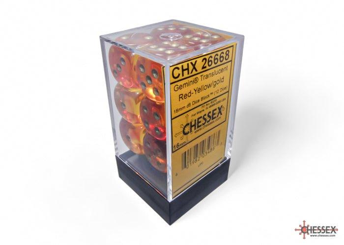 Chessex - Dados Gemini Translucent Red - Yellow/gold 12mm c/36 - Gamesmart - Chessex