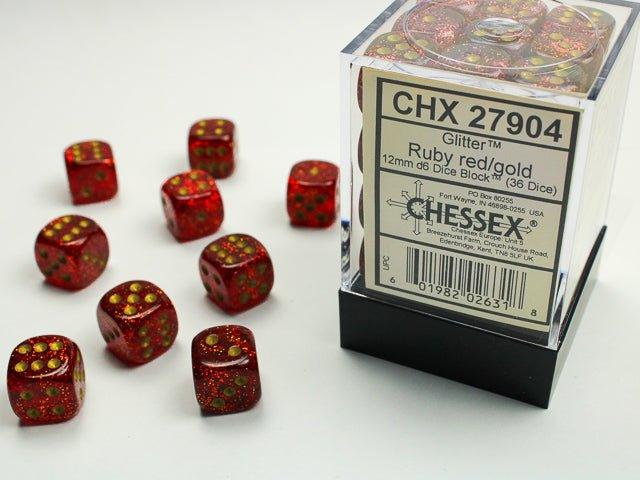 CHESSEX - Dados Glitter Ruby/Gold 12 mm c/36 - Gamesmart - Chessex