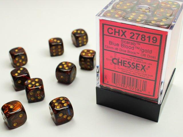 CHESSEX - Dados Scarab Blue - Blood/Gold 12mm c/36 - Gamesmart - Chessex